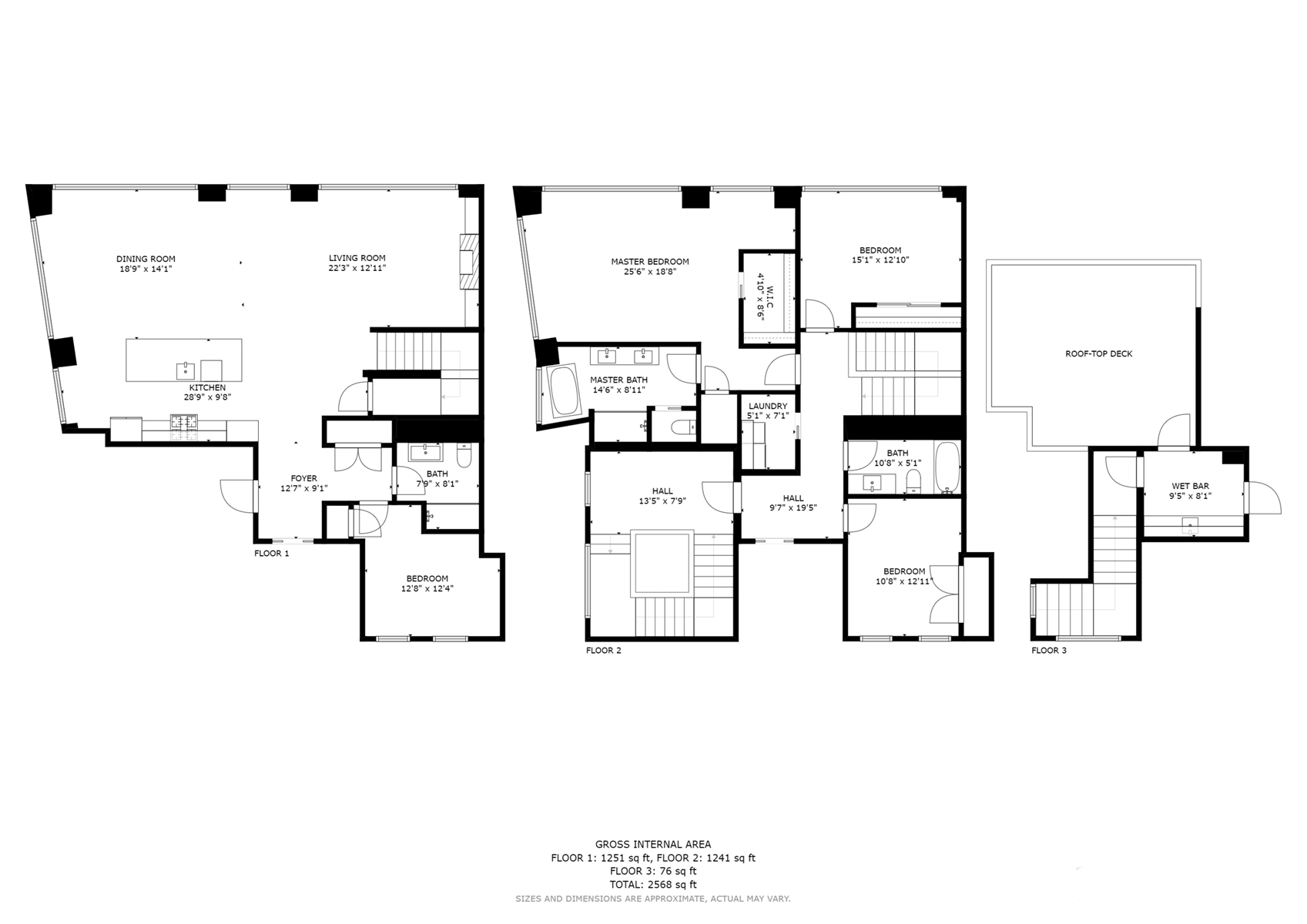 Floor Plan for Luxurious Three Bedroom Unit With an Office on the Top Two Floors With a Private Roof Deck